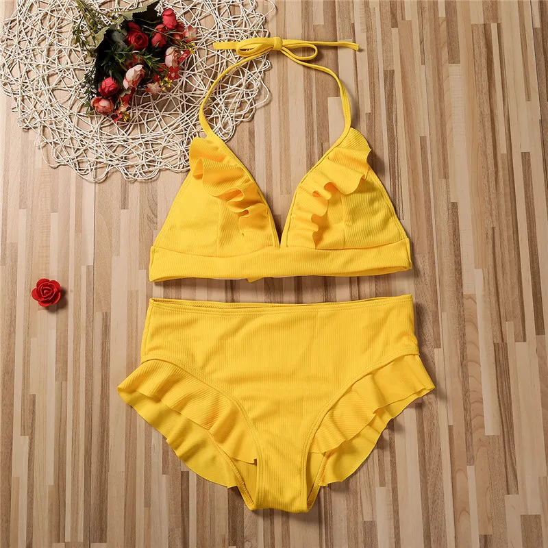  2020 Women Push-Up Bikinis Set Padded Solid Swimwear Strap Threaded Ruffled High Waist Bikinis Set 