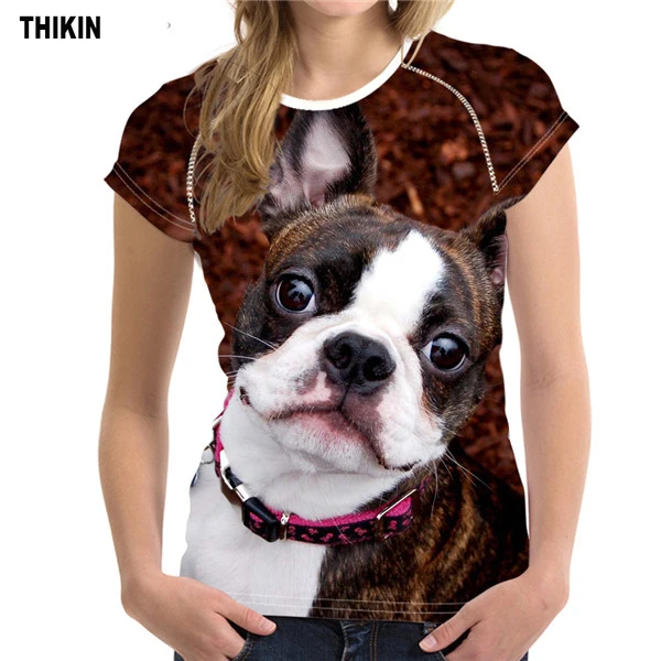 THIKIN Boston Terrier, принт собаки, женская футболка, Женская забавная футболка, свежий стиль, для девочки-подростка, милый 3D рисунок животного, новинка, футболка XXL