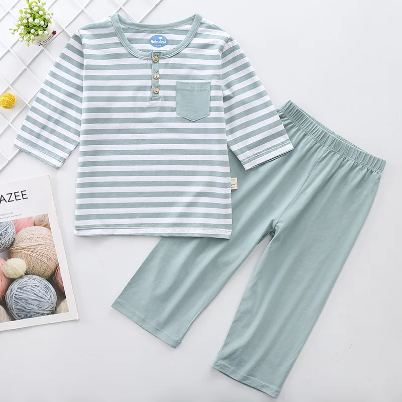 

Hello Cloud Children Stripes Home Set BOY'S Girls Korean-style Three-quarter-length Sleeve Tracksuit