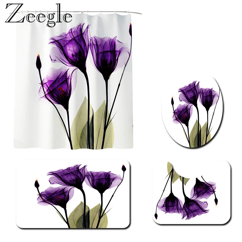 

Floral Memory Foam Bathroom Curtain Polyester Waterproof Bath Curtain Bathroom Carpet Set Absorbent Toilet Cover Mat Foot Mat