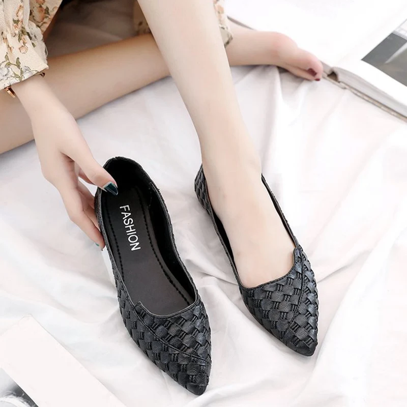 

Spring Women's Pu Leather Pointed Toe Flats Woman Shoes Slip On Solid Flats Female Sewing Striped Lattice Platform Shoes Ladies