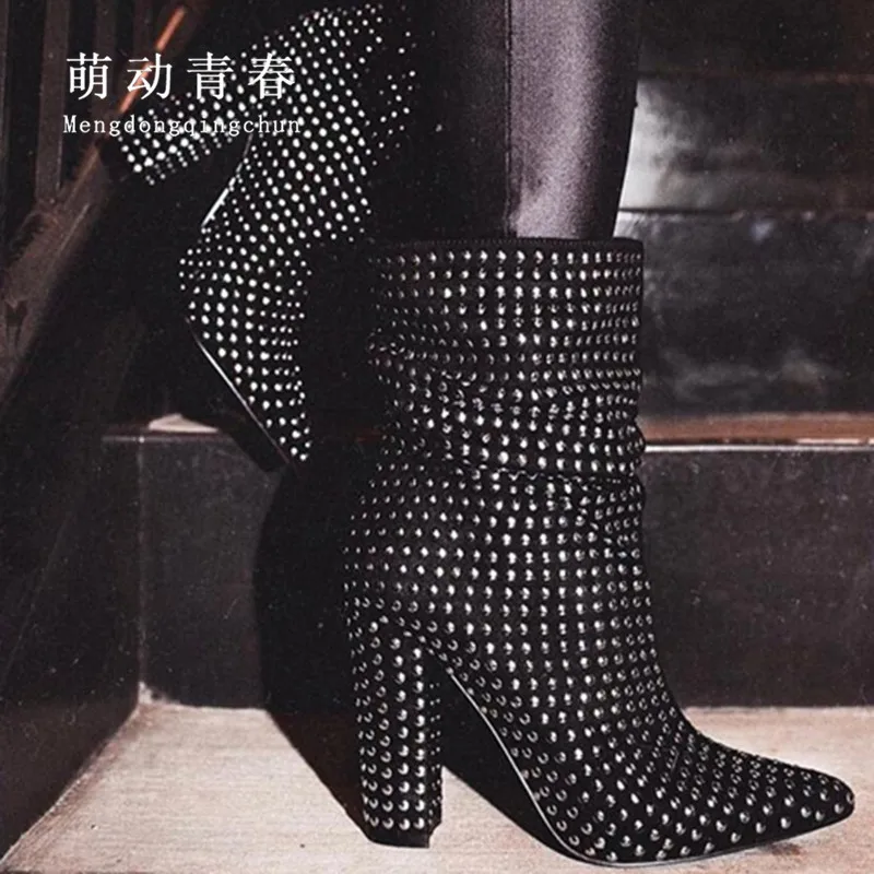 

Plus Size 35-42 Women Ankle Boots Fashion Crystal Rhinestones Zip High Heeled Pumps Botas Mujer Thick Heels Party Women Boots