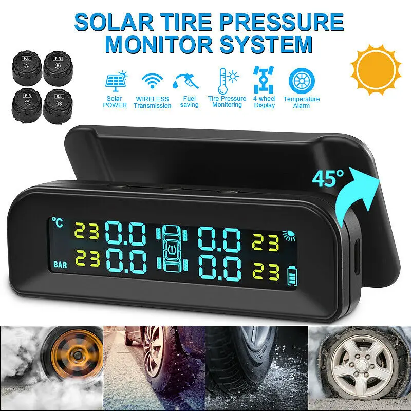 

Solar Wireless USB TPMS Car Tire Pressure Monitor System HD LCD Display 4 External Sensor Tire Pressure Temperature Warning