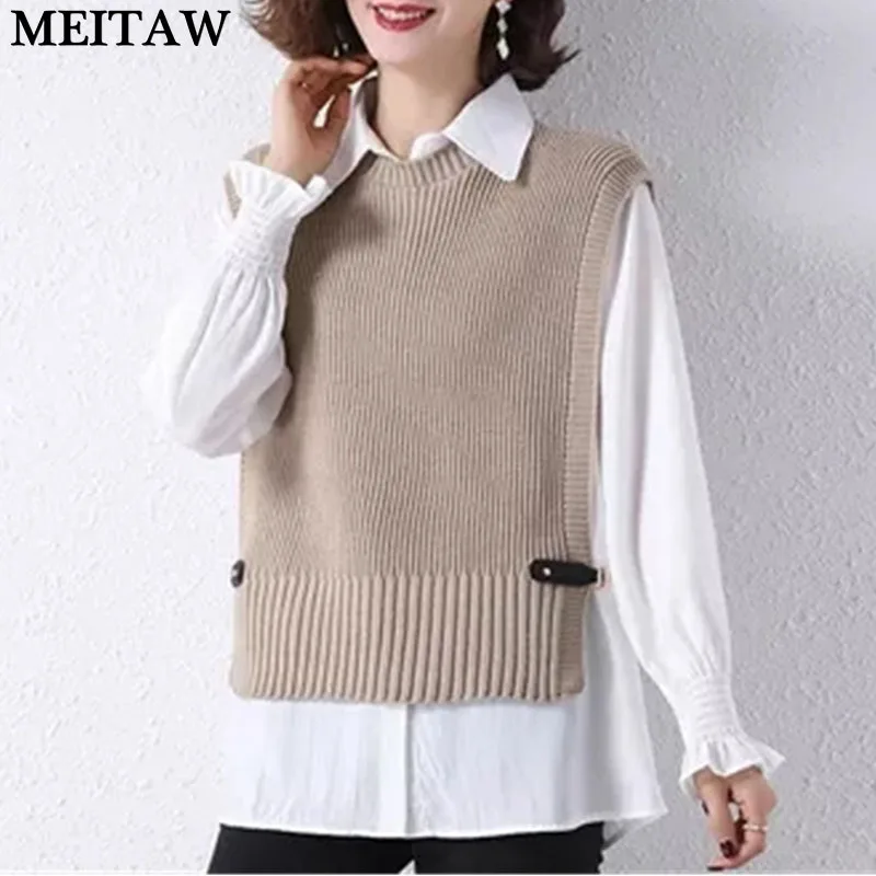 2021 Spring Autumn Women 2 Piece Sets Ladies Casual Long Sleeve White Shirt Knitted Seater Best Two Piece Suit