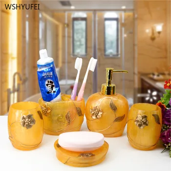 

5Pcs Yellow Streamline Golden Flower Home Hotel New House Gift Bathroom Set Resin Bathroom Products Bath Storage Decoration Set