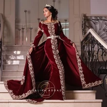 

Burgundy Moroccan Kaftan Caftan Muslim Evening Dresses Sheath Velvet Appliques Dubai Arabic Turkey Abaya Islamic Evening Gown