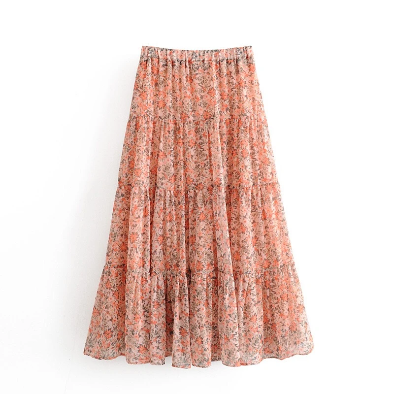 

Boho Styles Floral Skirt Women Summer Elastic High Waist Pleated Long Skirt Holiday Beach Chiffon Skirts Ropa Mujer