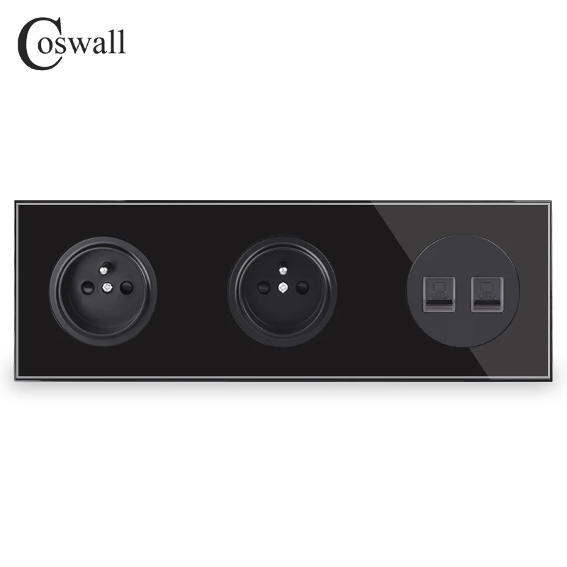 Coswall панель из закаленного стекла 16А двойная французская стандартная настенная розетка+ 2 комплекта CAT5E RJ45 Интернет данных компьютерный разъем R11 серии