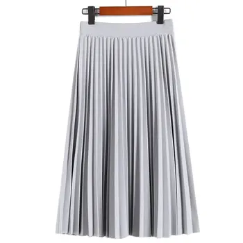 

Women Fashion High Waist Pleated Solid Color Mid-calf Lengt Skirt All-match chiffon Clothing Lady Casual Stretchy Thicken Skirts