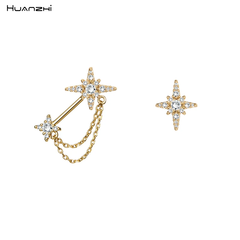 

HUANZHI 2019 New Gold Silver Crystal Rhinestone Star Metal Earrings Asymmetry Chain Tassel Zircon Stud Earrings for Women Gift