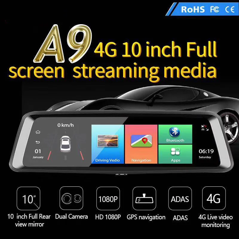 

NaweiGe A9 4G 10Inch Full Screen steaming media rearview Mirror DVR Car Dash Cam Recorder with ADAS Android Navigation Google