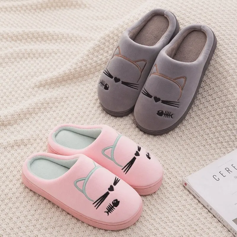 Women Winter Home Slippers Cartoon Cat Shoes Non-slip Soft Warm House Slippers Indoor Bedroom Lovers Couples Shoes