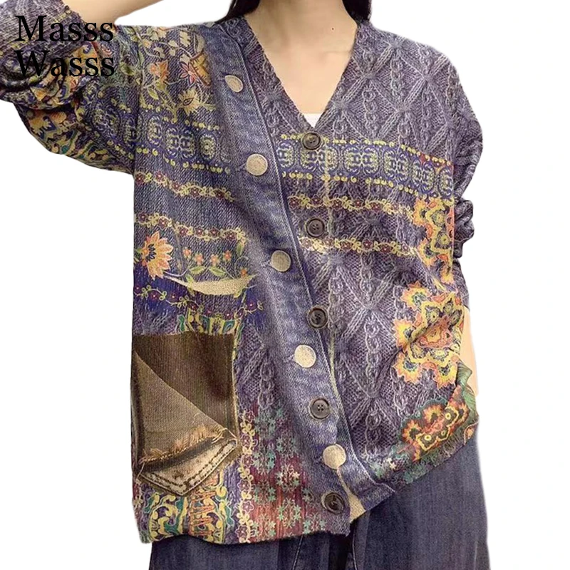 

Masss Wasss Fashion 2021 European Design Vintage Button Womens Cardigans Patchwork Autumn Gothic V-neck Ladies Sweaters Clothes