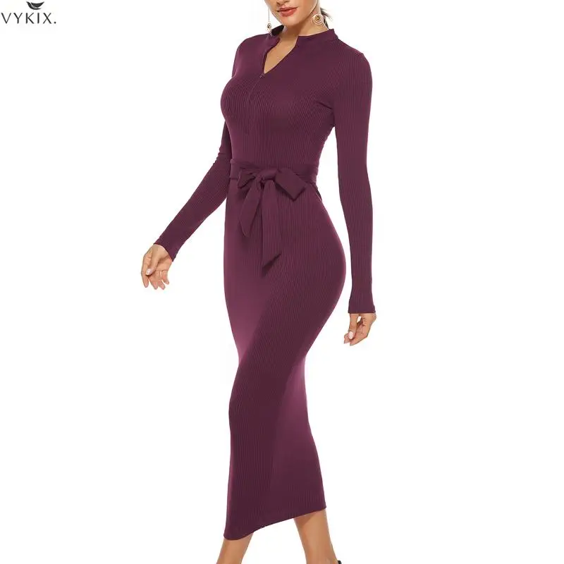 Midi Dress Elegant Work Office Pencil Knitted Long Sleeve Plus Size Slim Zipper V-neck Wintry Bodycon Women | Женская одежда