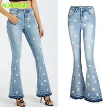 Женская одежда средняя талия Цветочная вышивка вымытые длинные джинсы женские винтажные модные обтягивающие Стрейчевые винтажные женские джинсы AM193