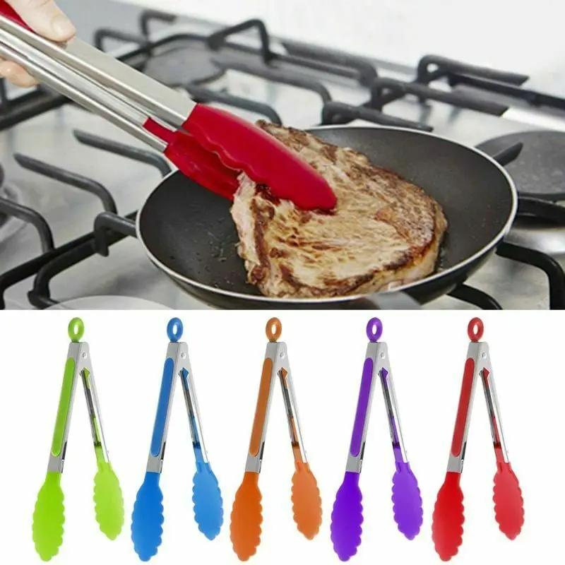 

Silicone Kitchen Tongs Cooking Set Serving BBQ Grilling Salad Tool Non-Stick Stainless Steel Handle Tool Food Tongs