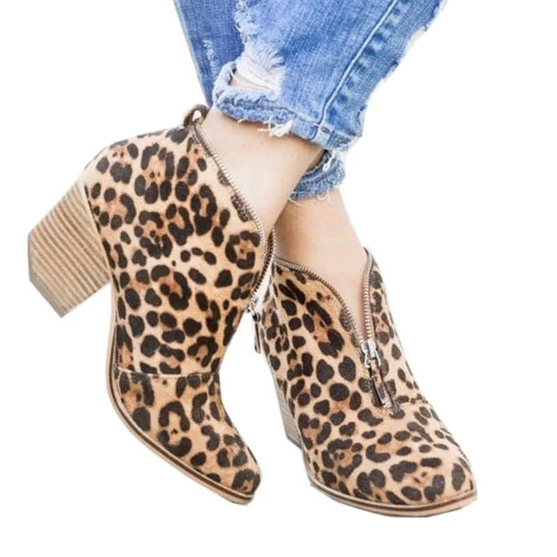 

2019 Spring and autumn Leopard Boots women Boots For Women Pointed Square Heel Platform zipper Ladies Shoes Bota Feminina