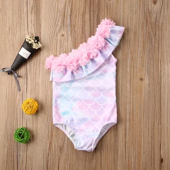 

Summer Toddler Baby Kids Girls One Piece Bikini Ruffles Lace One Shoulder Mermaid Swimsuit Swimwear Bathing Suit