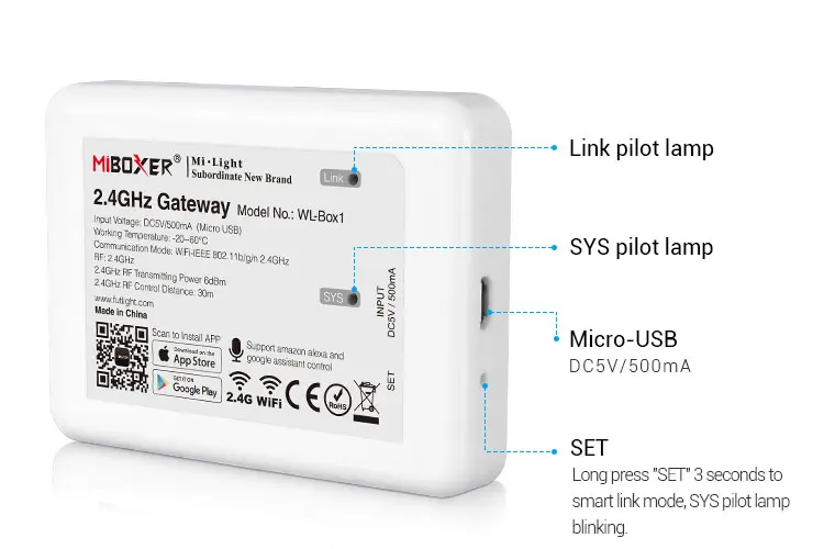 MiLight WL-Box1LED Wi-Fi управление Лер Смарт 2,4G беспроводной wifi rgb управление Лер голосовое приложение управление amazon alexa Google Assistant
