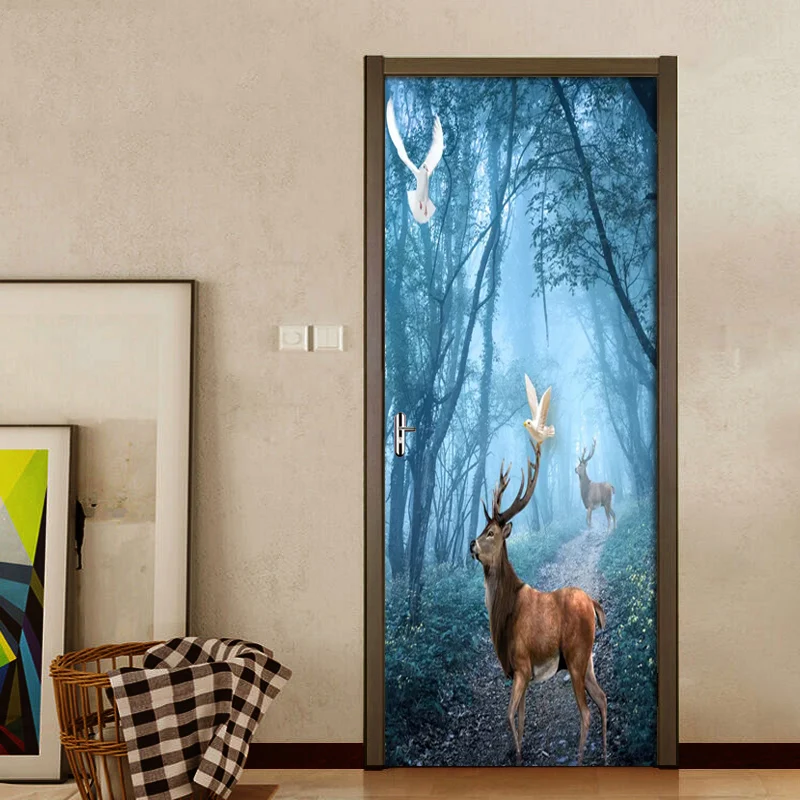 

Print 3D Sticker Pigeon Elk Forest Landscape Picture Self Adhesive Decal PVC Waterproof Poster Home Living Room Door Decoration