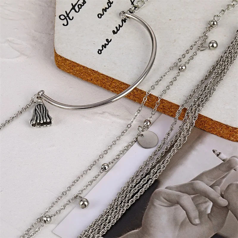 NEW Set Bohemian Silver Color Tassel Round Bracelet Set for Women Multilayer Pendant Bracelet 2020 Fashion Jewelry