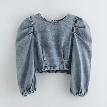

women vintage puff sleeve pleats denim casual short blouses ladies o neck back zipper chic shirt autumn jeans blusas tops