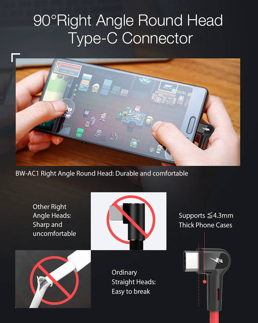 Blitzwolf BW-AC1 USB A к type C 3A зарядный кабель для передачи данных 90 ° под прямым углом для samsung Xiaomi HUAWEI играя в игры для мобильных телефонов