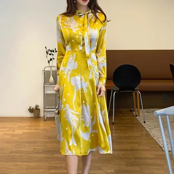 

Cross border women's dress 2020 new style celebrity temperament bow tie tie up waist print dress