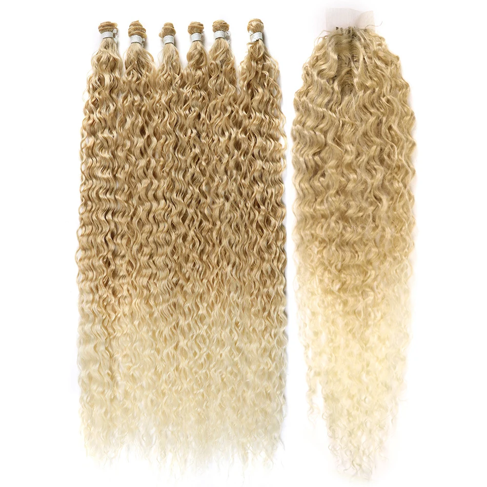 Synthetic Blonde Bundles With Closure Organic Fake Hair Extensions Tangle Free Loose Wave Bundles 32Inch Ombre Long Curly Wig Hair Extensions