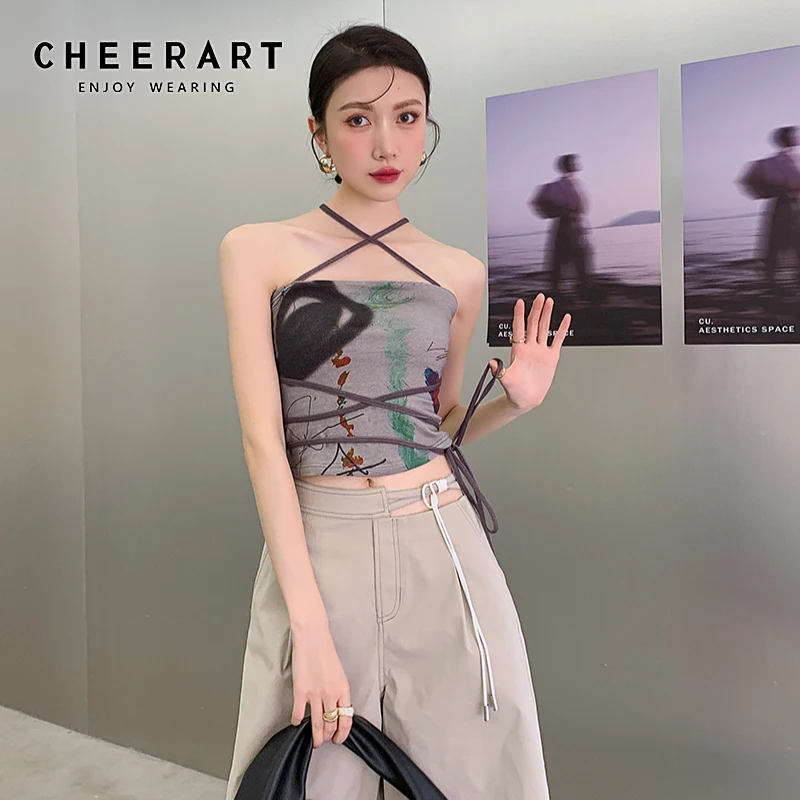 CHEERART Bandage Halter Neck Top Bodycon Backless Strapless Corset Top Women Summer 2021 Print Brown Tube Top Korean Fashion