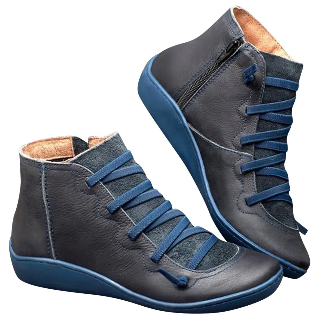 Женские повседневные кожаные ботинки на шнуровке на плоской подошве в стиле ретро Обувь с круглым носком на боковой молнии кожаные ботильоны женская обувь, Wram Botas mujer#20