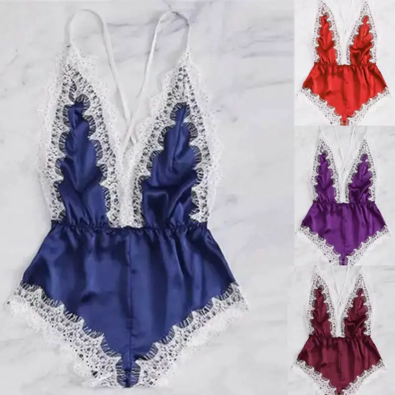 

Women Sexy Deep V Lace Lingerie Satin Sleep Dress Nightwear Babydoll Sleepwear