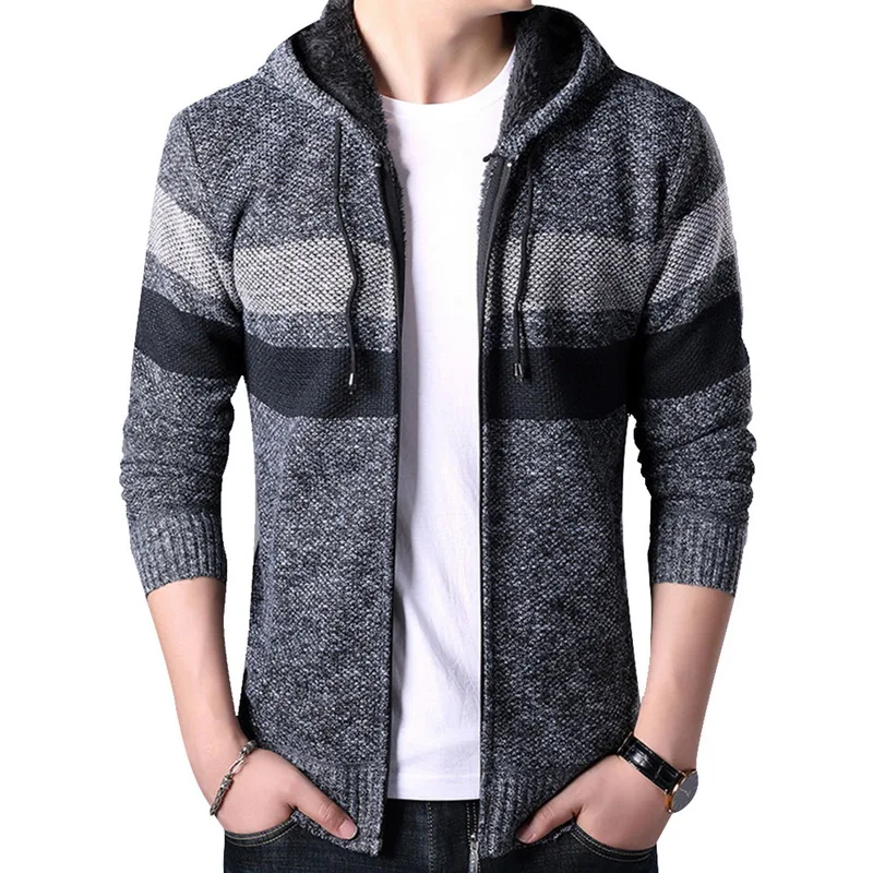 Dark Gray Модные милые мужские облегающие с воротником-стойкой на молнии с капюшоном в полоску, теплая трикотажная одежда с длинным рукавом, вязаный свитер с капюшоном, куртка - Цвет: Dark Gray