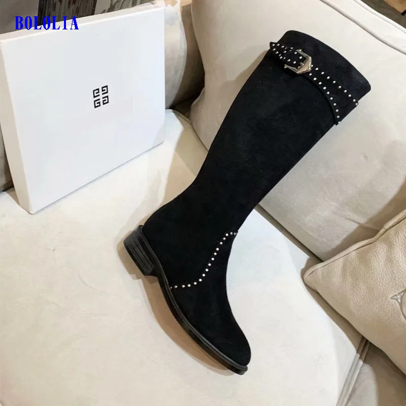 black cow suede Высококачественные сапоги из натуральной кожи; женские сапоги; сезон осень-зима; модные сапоги до колена; женская обувь martin - Цвет: black cow suede