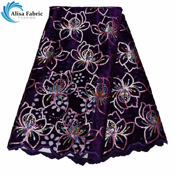 

2019 Purple Color Design African Velvet Lace Fabrics With Sequins 5 Yards/pcs Nigerian Lace Fabrics For Nigerian Wedding Party