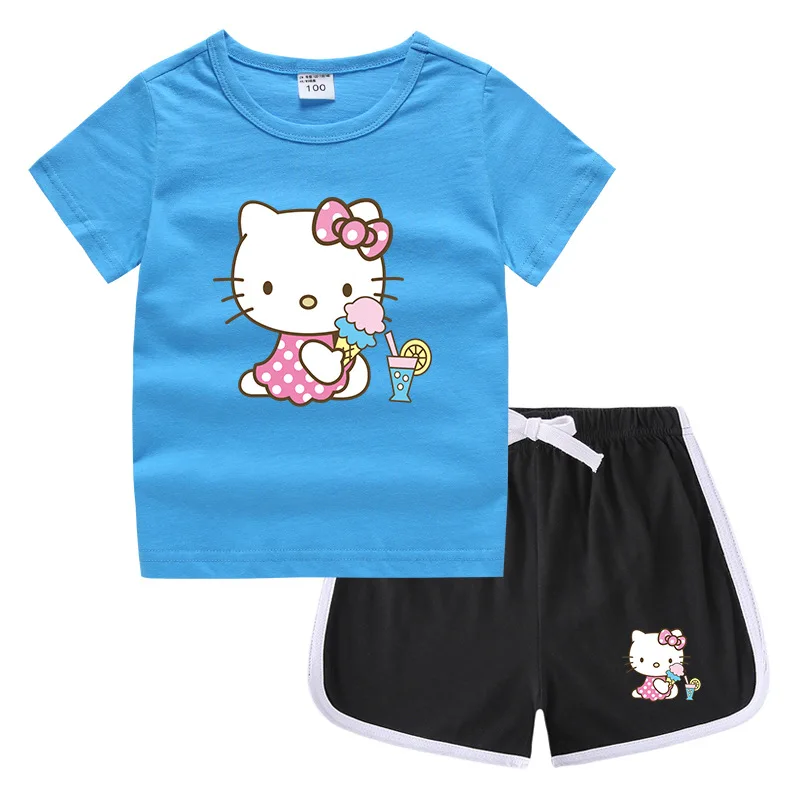 thumbnail image 1 of Hello Kitty-Camiseta informal con cuello redondo y pantalones cortos para niños y niñas, conjunto de camisa de fondo absorbente de algodón puro, informal, 1 of 5