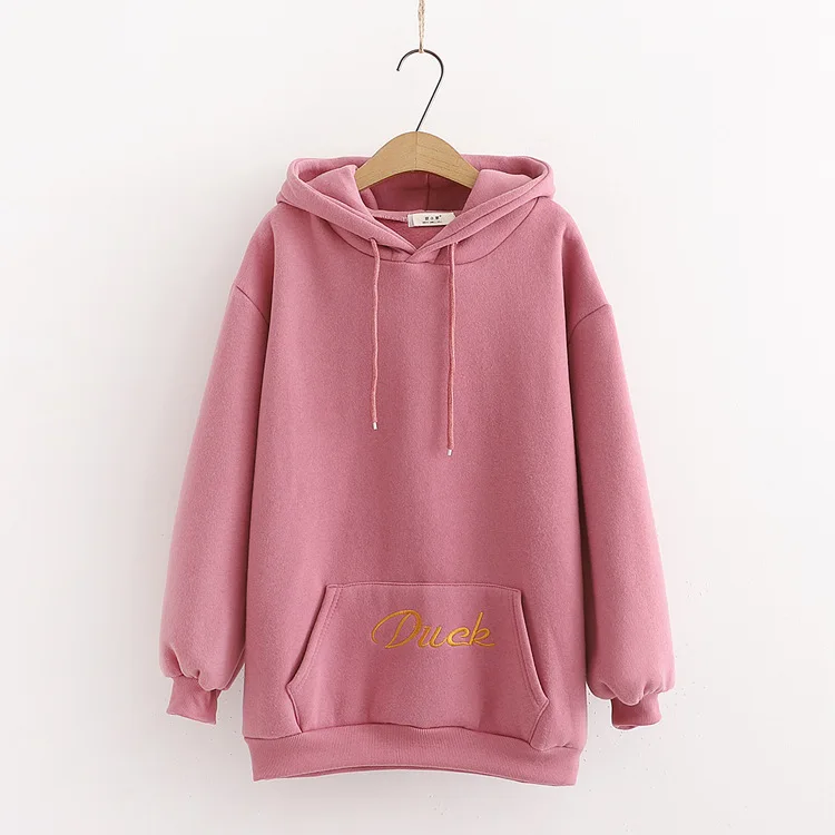 Merry Pretty, женские толстовки с капюшоном с вышитой уткой из мультфильма, толстовки с ушками на капюшоне, Winte Plus, милые бархатные пуловеры с капюшоном - Цвет: Красный