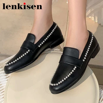 

Lenkisen genuine leather round toe low heel pearl decorations simple solid young lady casual deep mouth slip on women pumps L1f6