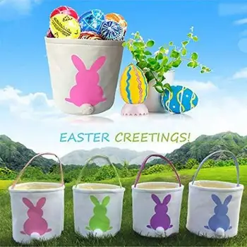 

Kids Easter Basket Holiday Rabbit Bunny Printed Canvas Gift Carry Candy Bag