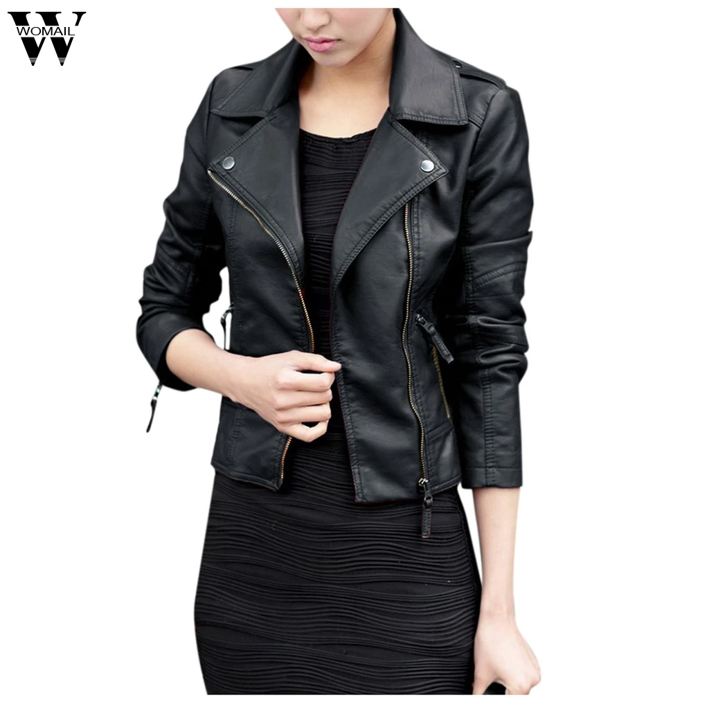 Womail Для женщин куртка из искусственной кожи Для женщин Прохладный тонкий короткий Мото-куртки женский осеннее пальто, простая уличная верхняя одежда размера плюс