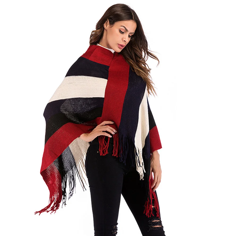 

Joineles Autumn Wool Women Sweaters Stripe Tassels Fashion Knitwear Pullovers Female Outwear Tops Korean Style Cape Poncho