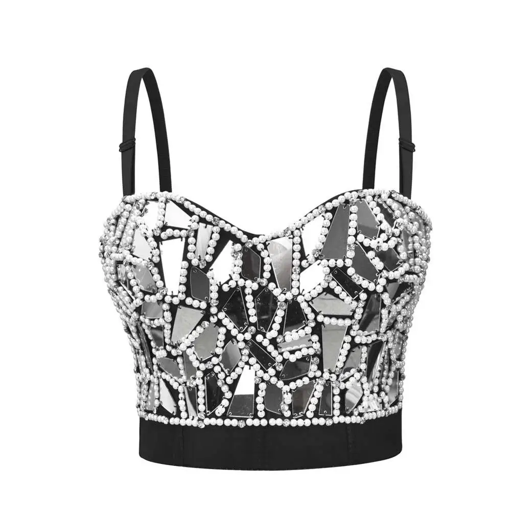 Corset Bustier Crop Top Sequin Beads Glass Padded Push Up Bralette Bra  Camisole