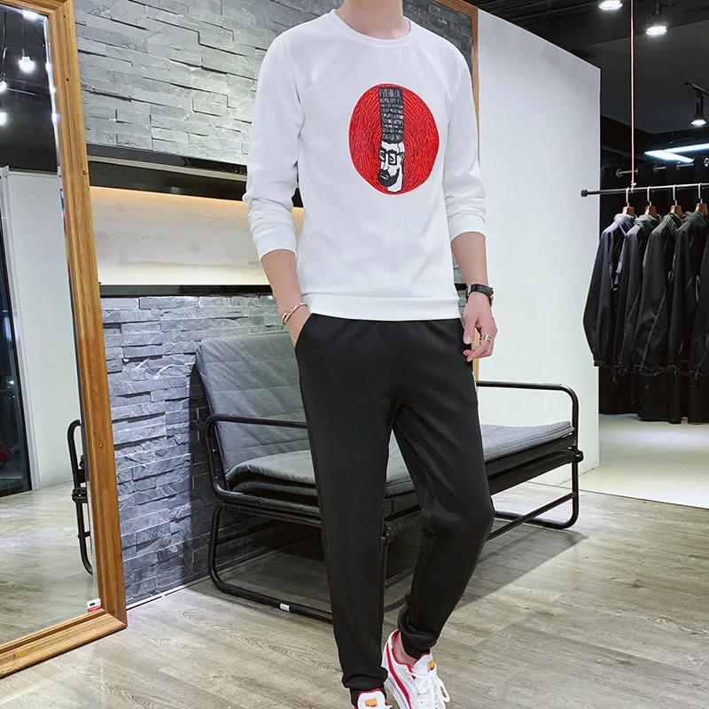 

MEN'S Suit Spring And Autumn New Style Crew Neck Printed Long-sleeved T-shirt Men's Handsome Youth Korean-style Casual Two-Piece