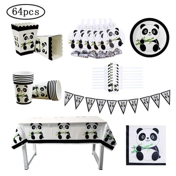 

64pcs Cute Panda Flatware Kit Disposable Dinnerware Set Plates Banners Popcorn Box Party Supplies For Baby Shower Kids Birthday