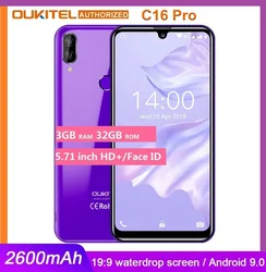 Смартфон OUKITEL C16 PRO, большой экран 5,71 дюйма HD +, 4G, MT6761P четыре ядра, 3 ГБ 32 ГБ, Android 9,0 Pie, мобильный телефон с распознаванием лица