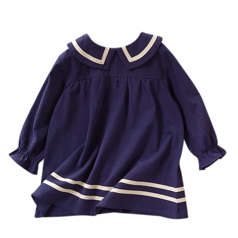 От 3 до 8 лет; детское Хлопковое платье для девочек; модное Повседневное платье в полоску с длинными рукавами и отложным воротником