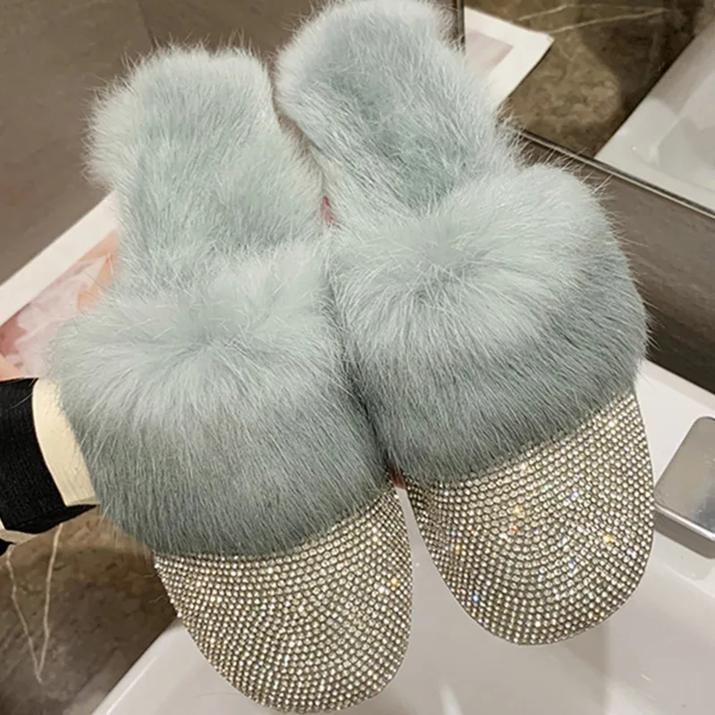 

Women Winter Fur Warm Plush Slippers Woman Fasnion Rhinestone Shoes Ladies Suede Flat Furry Soft Women's Casual Elegant Slippers