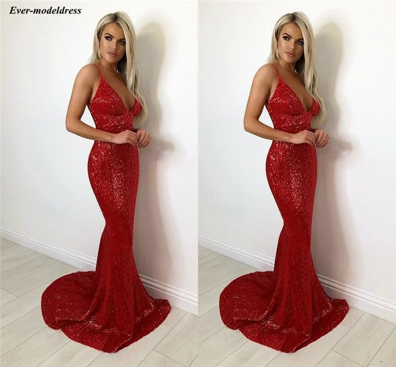 

Sexy Evening Dresses Mermaid Sequins Deep V-Neck Open Back Simple Prom Dress Formal Party Gowns Robe de soiree Cheap 2020