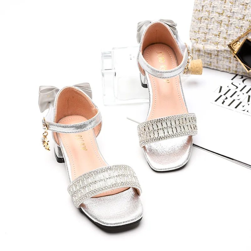 ULKNN Fashion Children Bowtie Rhinestone Sequins Sandals 2020 New Princess Girls Big Kids Leather Soft Bottom Beach Shoes