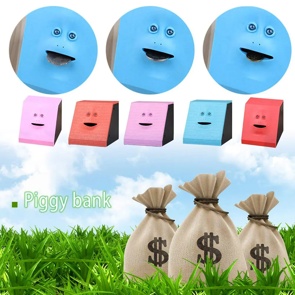  Face Money Eating Coin Bank Battery Powered Saving Box Kids Toys Gifts AUG889